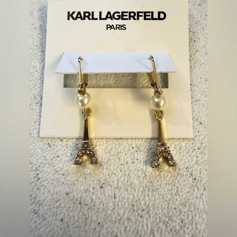 Karl Lagerfeld Gold Eiffel Tower Earrings with Pearls